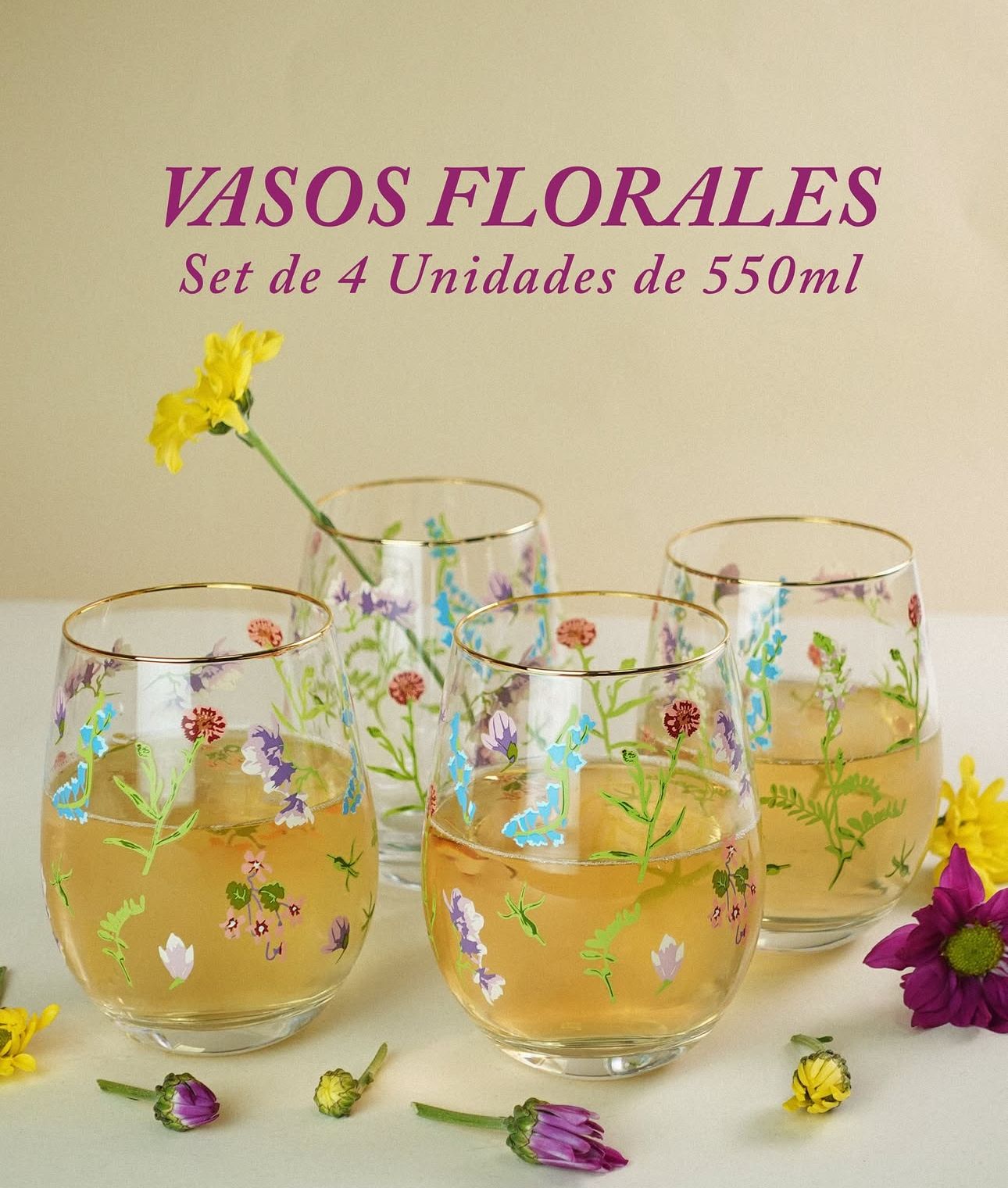 SET 4 VASOS BAJOS FLORAL - Imagen 3