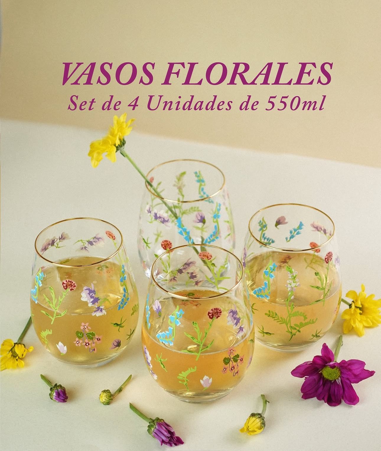 SET 4 VASOS BAJOS FLORAL - Imagen 2