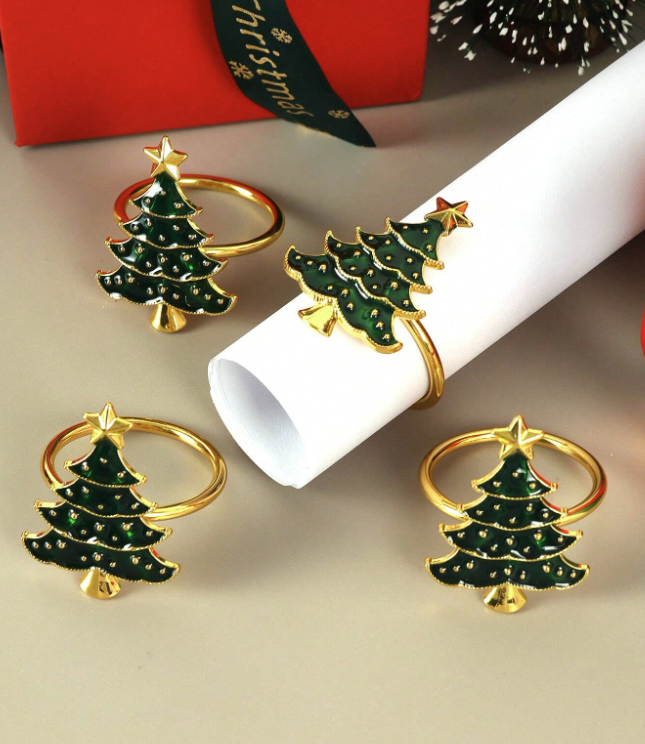 SET 6 ANILLOS SERVILLETA ÁRBOL DE NAVIDAD VERDE