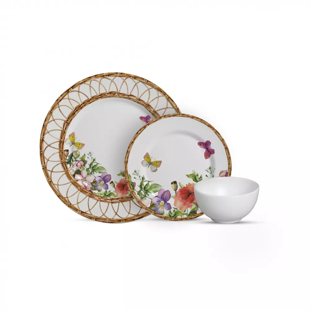 SET VAJILLA RATTAN FLORES12 PIEZAS