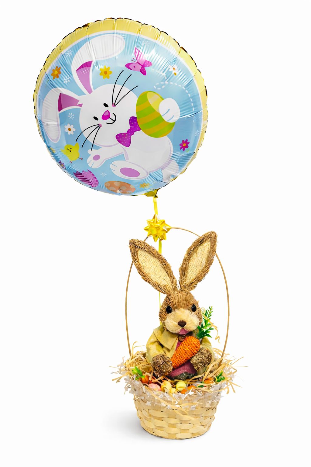 CONEJO DE PASCUA + HUEVITOS DE CHOCOLATES Y CANASTO CON GLOBO ¡OFERTA DE PASCUA!