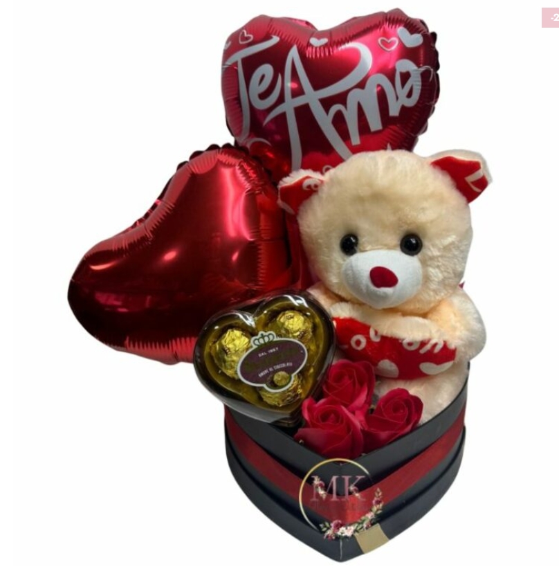 BOX SAN VALENTIN PELUCHE, ROSAS, GLOBOS Y CHOCOLATE