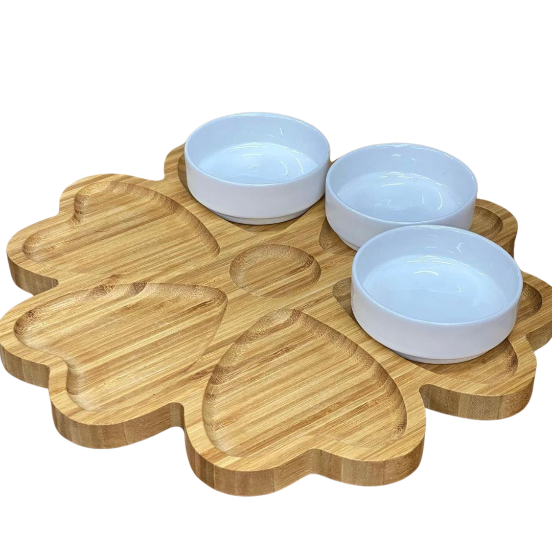 BANDEJA DE MADERA FORMATO CORAZONES CON 5 POCILLOS